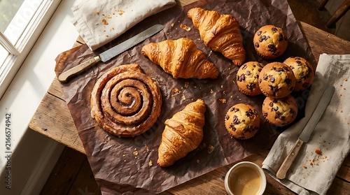 Fresh baked croissants cinnamon roll and muffins on a wooden table for breakfast
