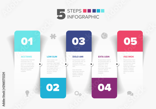Professional 5 steps infographic template for process visualization. This 5 steps infographic features colorful banners to display five distinct stages of a business project or workflow.