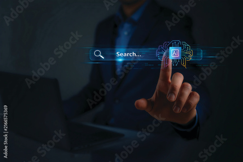Answer engine optimization AEO concept with hand pointing on search bar referring to searching for information on the internet with AI assistance.