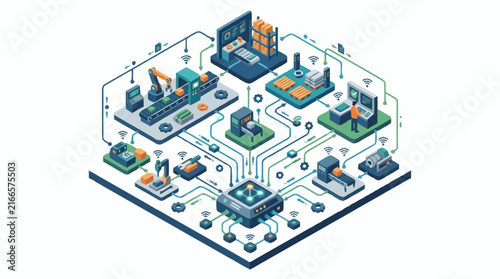 Isometric Illustration of Smart Factory Automation and Industrial IoT Network.