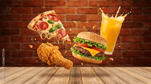 Tasty pizza slice burger fried chicken and cold orange drink floating against brick wall