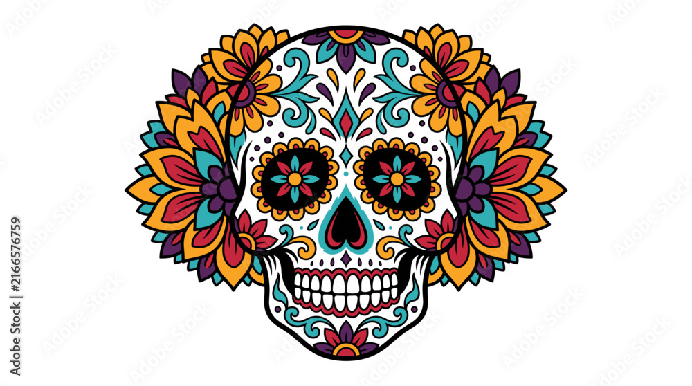 Fototapeta premium A vibrant and intricately decorated sugar skull, adorned with colorful floral patterns, symbolizing Day of the Dead.