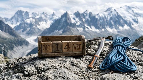 Wooden calendar displaying October fourteenth sits next to a blue climbing rope and ice axe on a mountain peak.