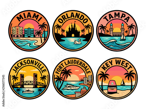 Florida Vacation Destination Round Badge Collection with Miami, Orlando, Tampa, Jacksonville, Fort Lauderdale and Key West in Warm Retro Coastal Style