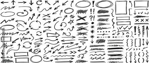 Hand drawn doodle elements set with arrows stars hearts speech bubbles and symbols on white background, perfect for creative design projects, graphic presentations and social media marketing