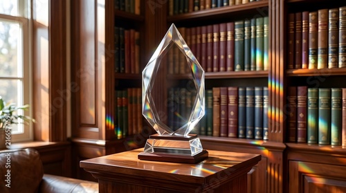 Elegant crystal award trophy on a polished wooden pedestal with rainbow prism light refractions in a classic library setting, symbol of academic achievement and corporate success, ideal for