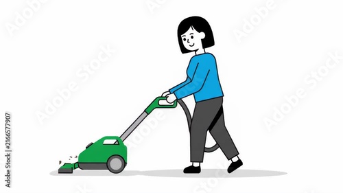 Woman vacuuming floor with dirt flying up from vacuum cleaner. Cartoon style animation of a person cleaning up a mess.