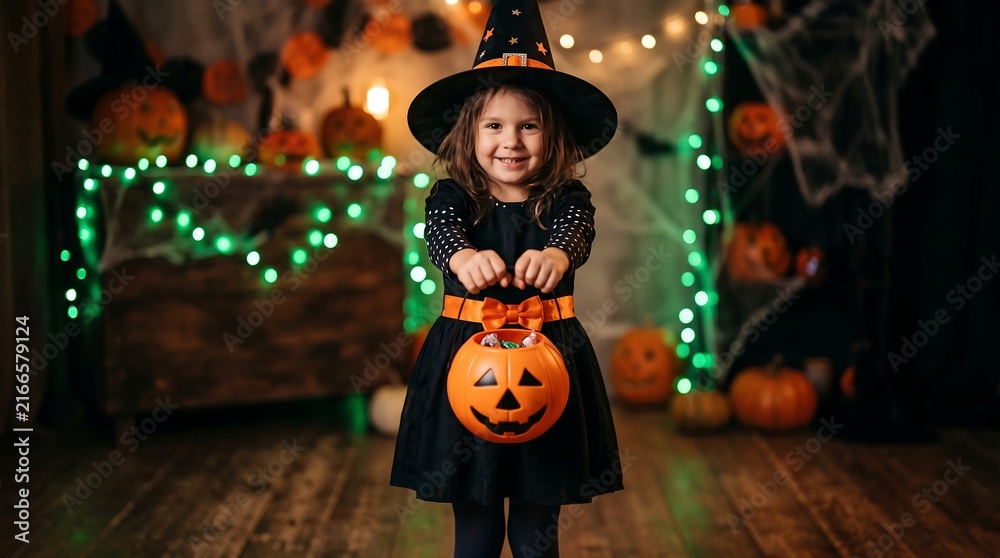 Obraz premium Child in witch costume holds jack-o'-lantern during festive Halloween celebration with glowing lights.
