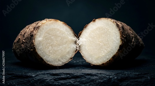 Fresh taro root cut in half, revealing starchy white flesh on dark slate.
