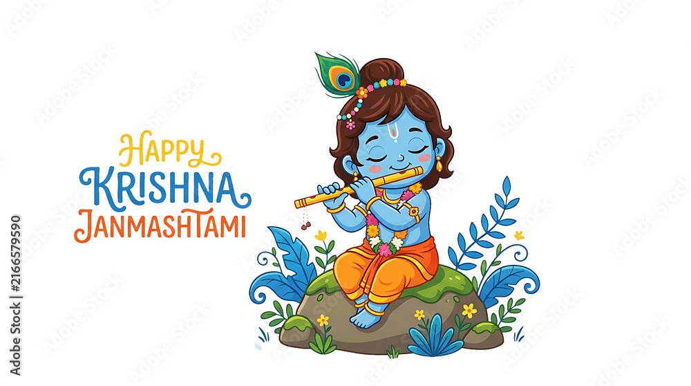Fototapeta premium Cartoon Baby Krishna playing flute with peacock feather crown, colorful dhoti and garland, isolated on transparent background for greeting cards