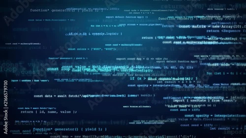 Digital blue computer code scrolling on screen representing software development and data processing