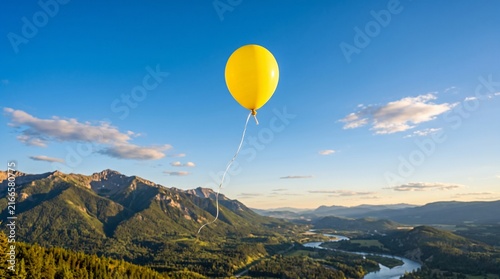 A bright yellow balloon floats high above a scenic mountain landscape with a river under a clear blue sky.
