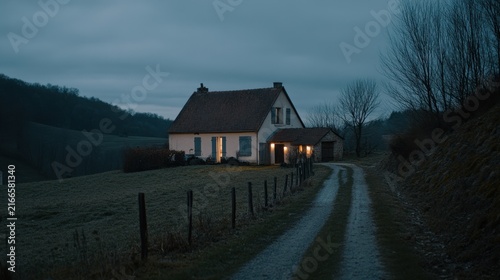 Remote Country House on Hillside at Dusk with Warm Light