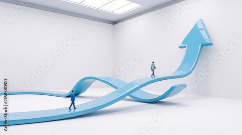 Tiny figures walk on a blue arrow symbolizing growth and progress