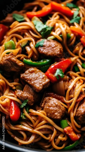 Wok Fried Beef Noodles with Vegetables and Sauce