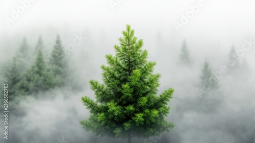 Minimalist landscape concept with a sharp green fir tree surrounded by soft foggy atmosphere