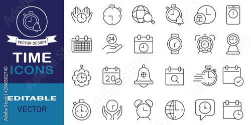 Time outline icon set collection. Set of 24 related to watch, speed, calendar, timer, alarm clock, date. Editable stroke vector illustration.