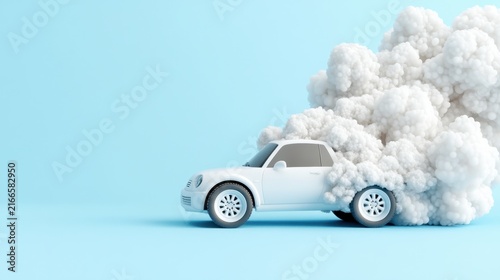 White Toy Car Driving with Big White Smoke Cloud Behind