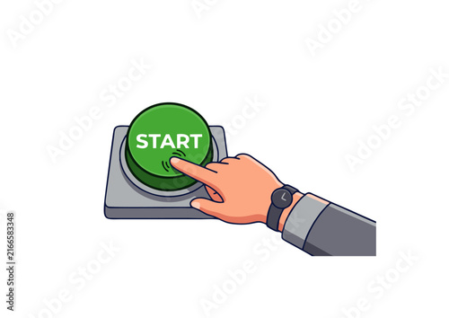 A hand presses a vibrant green 'Start' button, symbolizing activation, initiation, and the commencement of an important digital journey or system operation, signaling progress and new beginnings