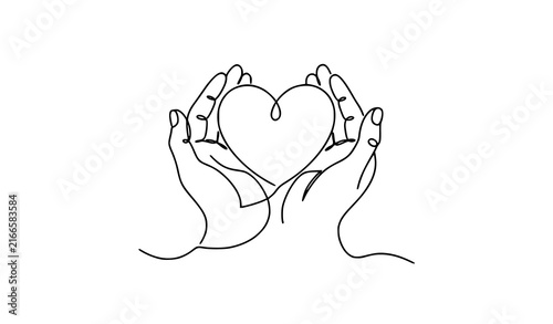 Cuadro en lienzo Heart Held by Caring Hands Continuous Line Art Love Symbol Hand Drawn Vector