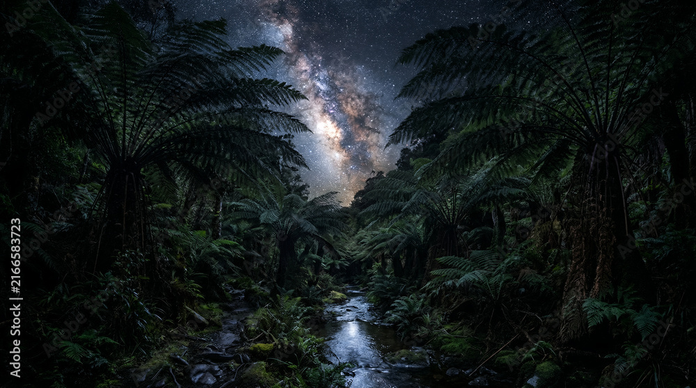 Fototapeta premium Milky Way Galaxy Above A Tropical Jungle Stream With Lush Fern Trees At Night