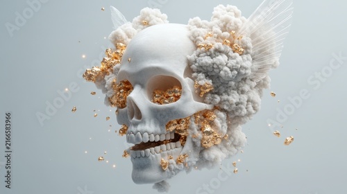 Surreal White Skull Encrusted with Gold and Smoke