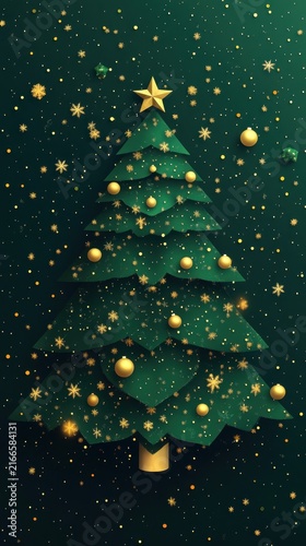 Elegant flat green Christmas tree with gold balls star and snowflakes on dark background
