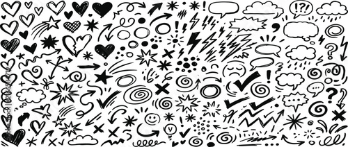 Set of hand drawn red doodle arrows hearts stars lightning bolts and speech bubbles for design decoration