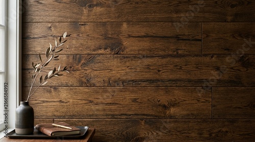 Rustic Dark Wood Wall Texture with Dried Olive Branch and Journal