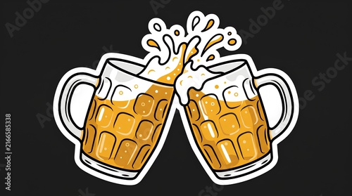 Two clinking beer mugs sticker icon on black.