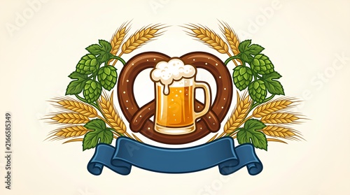 Oktoberfest emblem with pretzel and beer mug.