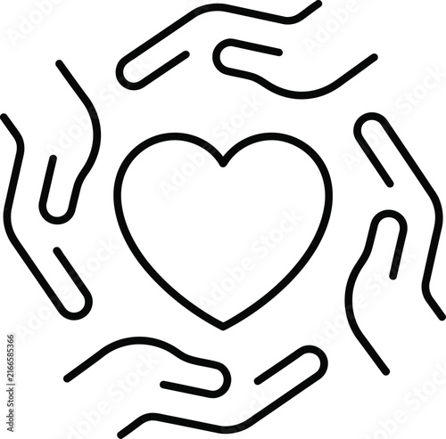 Linear icon showing multiple hands surrounding and protecting a heart symbol representing care and charity