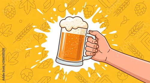 Hand holding beer mug against yellow pattern background.