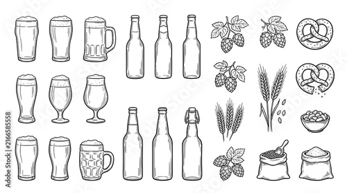 Collection of beer glasses bottles and brewery elements line art.