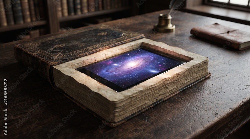Fototapeta premium Conceptual Digital Education Showing an Antique Book Hollowed Out to Reveal a Tablet Displaying a Galaxy