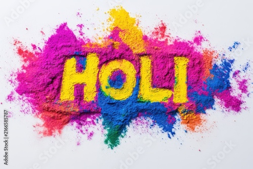 Top view of colorful holi powder and the text 