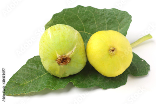 Fresh Yellow Green Figs with Fig Leaf Isolated on White Background