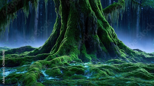 Ancient moss-covered tree roots in a mystical, misty forest with ethereal blue light.