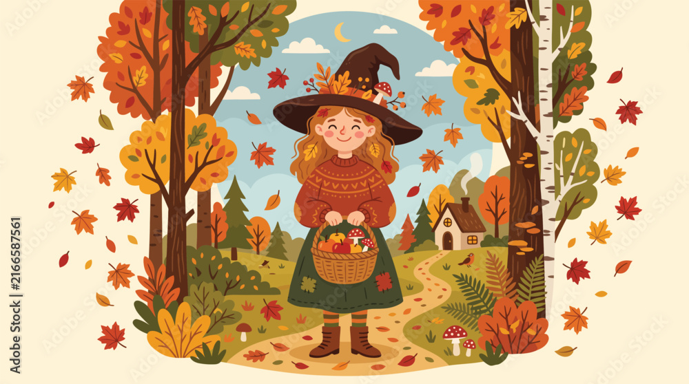Fototapeta premium Cozy autumn storybook illustration of cute little witch holding harvest basket in fall forest