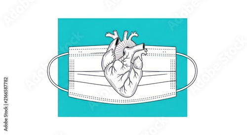 Naklejka Anatomical Heart Over Medical Face Mask on Teal Background, Symbolizing Health and Protection