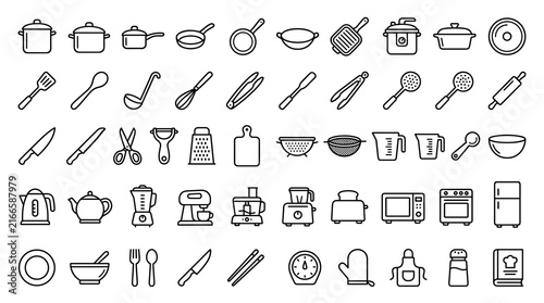 Cuadro en lienzo Modern Kitchen and Cooking Outline Icon Collection Featuring Pots, Pans, Utensil