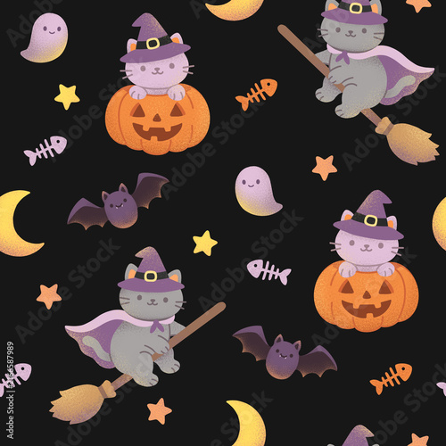 Cute Halloween seamless pattern with witch cats, pumpkins, ghosts, bats, crescent moons and stars on a dark background