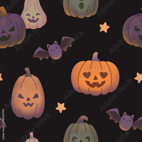 Cute Halloween seamless pattern with jack-o-lantern pumpkins, flying bats and stars on a dark black background
