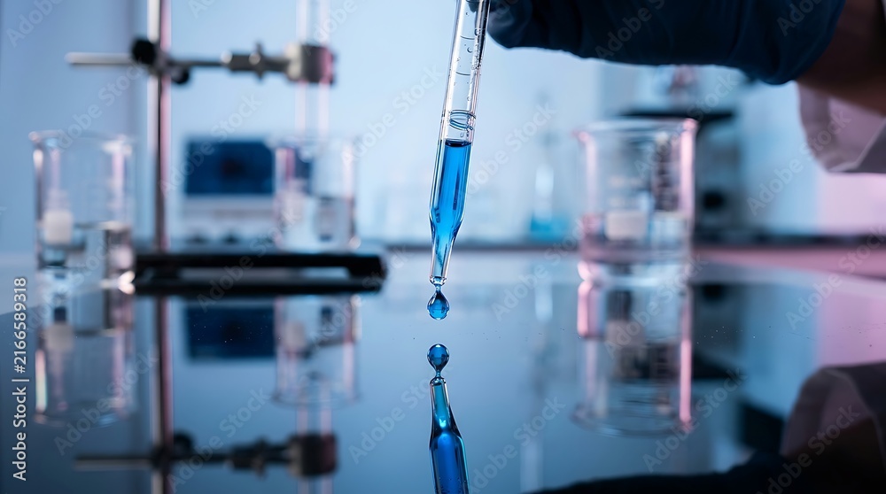 Fototapeta premium Scientific dropper releasing blue liquid drop inside a research laboratory