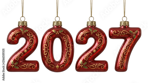 Red glass Christmas ornaments forming the number 2027, decorated with gold scrollwork and holly, hanging on strings isolate on transparent background.