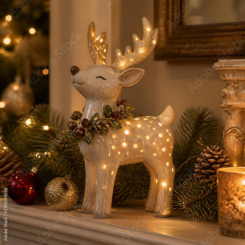 Charming reindeer figurine adorned with twinkling lights, spreading Christmas joy and creating a festive holiday spirit