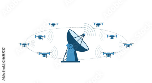 Satellite Dish Controlling Drone Swarm Flat Vector Illustration