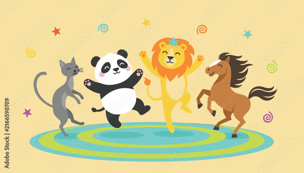 Fototapeta premium Joyful whimsical cartoon animals including a cat, panda, lion, and horse dancing together on a colorful circular rug.