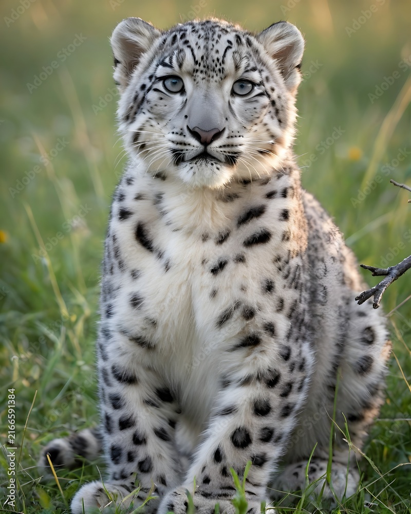 Obraz premium A snow leopard cub in twilight meadow