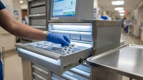 Nurse selecting a medication from an automated dispensing cabinet after entering a patient identifier